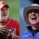 On left, Chef and World Central Kitchen Founder Jose Andres in Washington Nationals uniform; on right, Amazon founder Jeff Bezos in cowboy hat